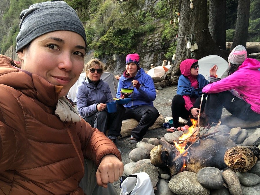 Sharing a campfire with women hikers at Camper Bay, West Coast Trail