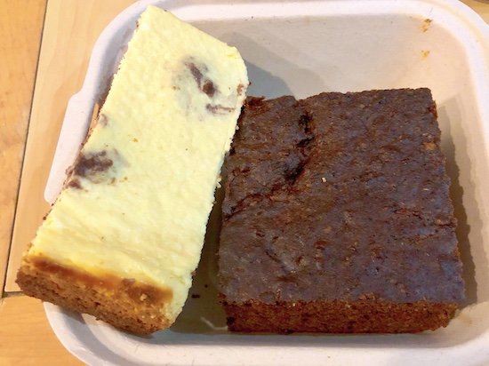 Keto-Friendly Low-Carb Cheesecake Bar and Brownie for dessert at Caveman Cafe, Vancouver, BC