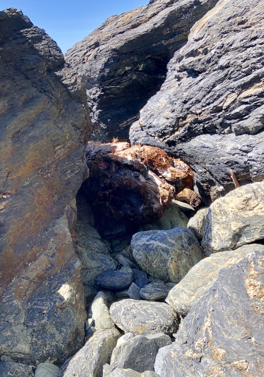 Tricky bit of bouldering that led me to slip and nearly take a nasty tumble on the beach route from Owen Point to Thrasher Cove, West Coast Trail