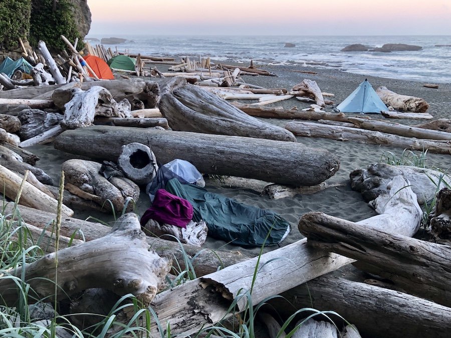 Cowboy camping in my bivy sack at Tsusiat Falls on the West Coast Trail