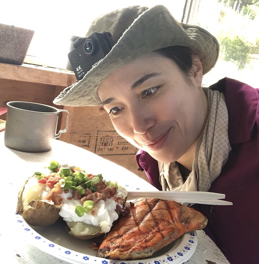 Grilled Salmon and Fully Loaded Baked Potato at The Crab Shack, Nitinaht Narrows on the West Coast Trail