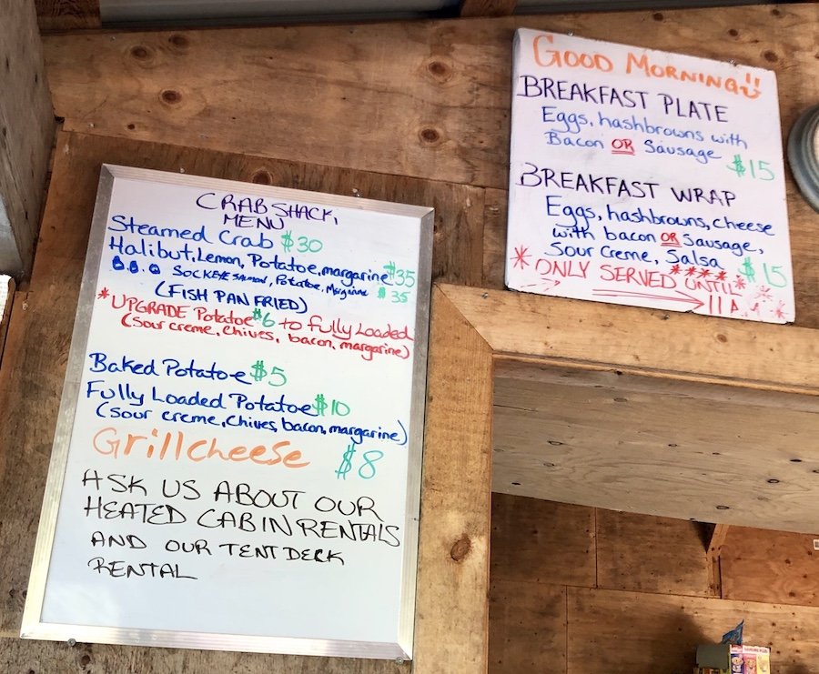 Food Menu at The Crab Shack, Nitinaht Narrows on the West Coast Trail