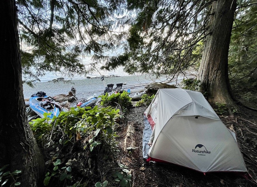 Tent camping at Ramilies Channel Recreational Site, Sea-to-Sky Marine Trail