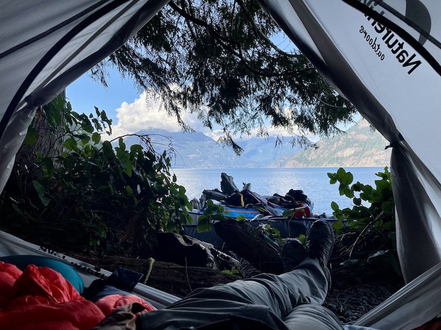 View from tent at Ramilies Channel Recreational Site, Sea-to-Sky Marine Trail