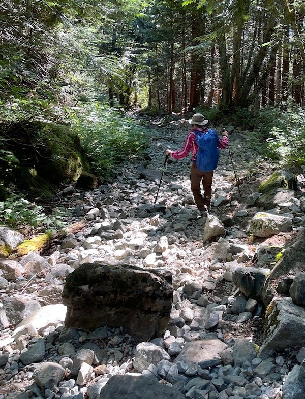 Picking my way down a boulder-strewn section of the Golden Ears trail