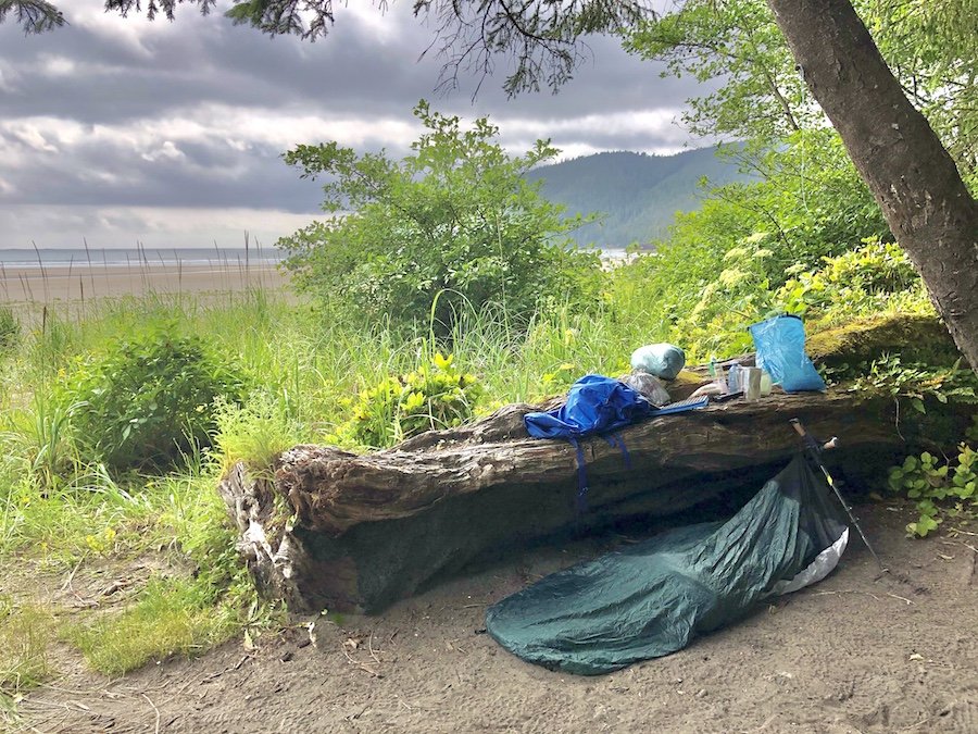 Cowgirl camping set-up at San Josef Bay, Cape Scott Provincial Park