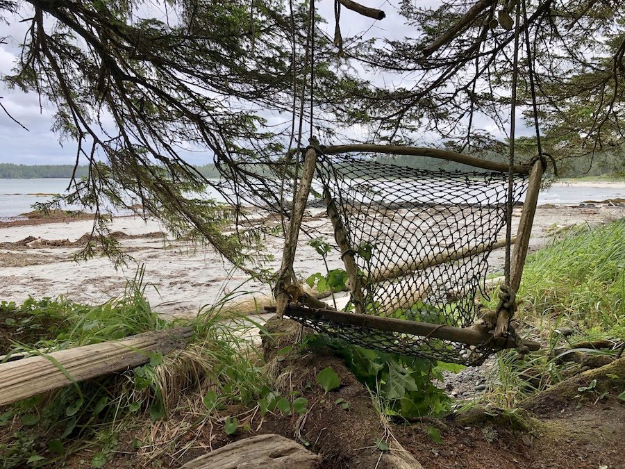 Tree chair made of fishing net and branches at Nel's Bight, Cape Scott Provincial Park