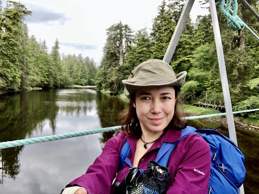 Cable car crossing the Strandby River on the forest trail from Laura's Creek to Shuttleworth Bight, North Coast Trail