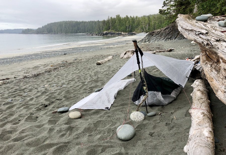 Camping on the beach at Cape Sutil campsite, North Coast Trail