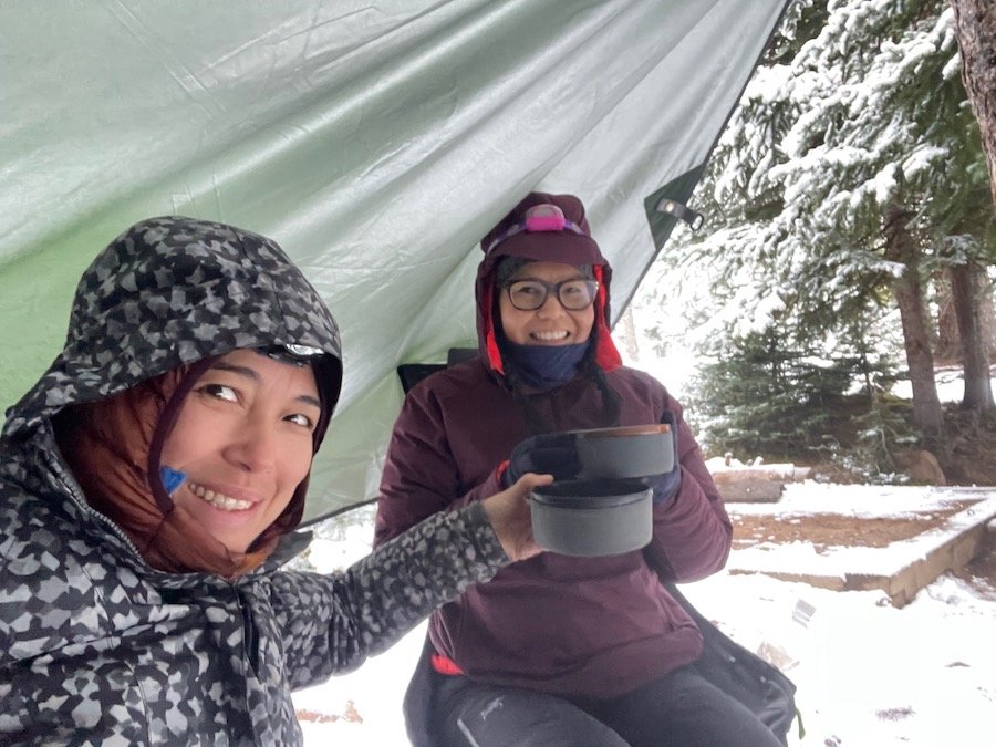 Snowy coffee at Quiniscoe Lake campsite, Cathedral Provincial Park