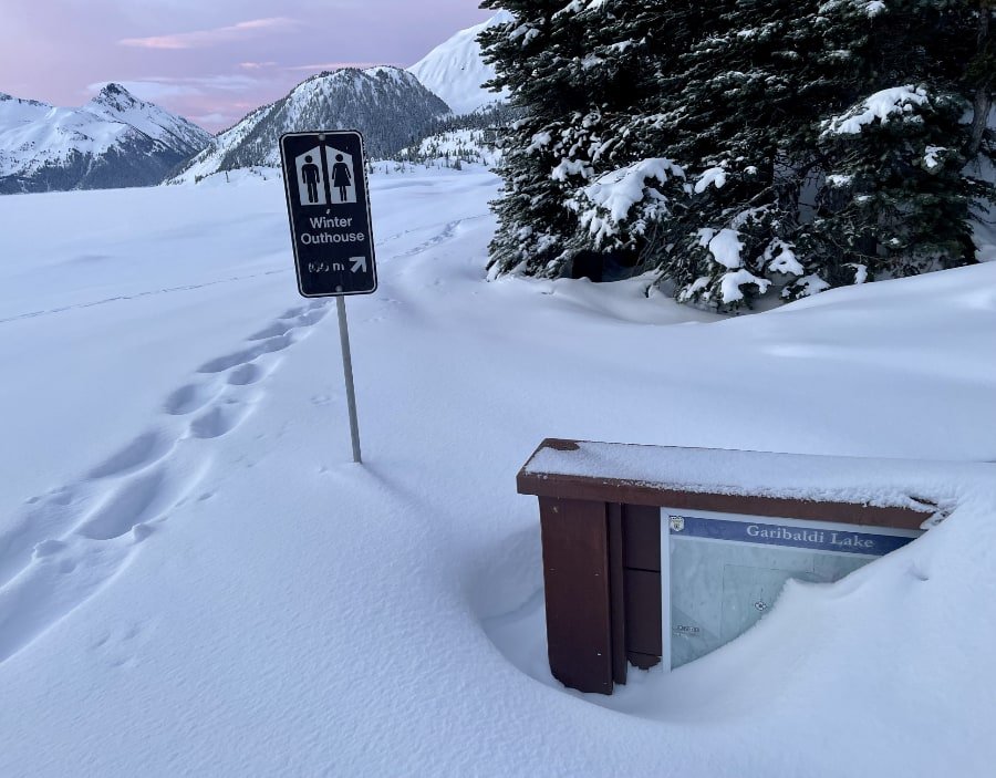 Winter washroom sign at Garabaldi Lake